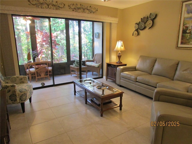 living room with light tile patterned flooring