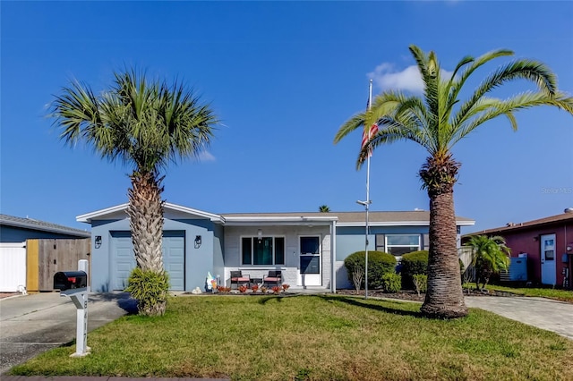 ranch-style home with a garage and a front lawn