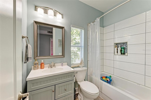 full bathroom with vanity, toilet, and shower / bathtub combination with curtain