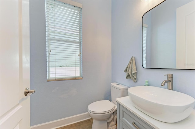 bathroom featuring vanity, wood-type flooring, and toilet