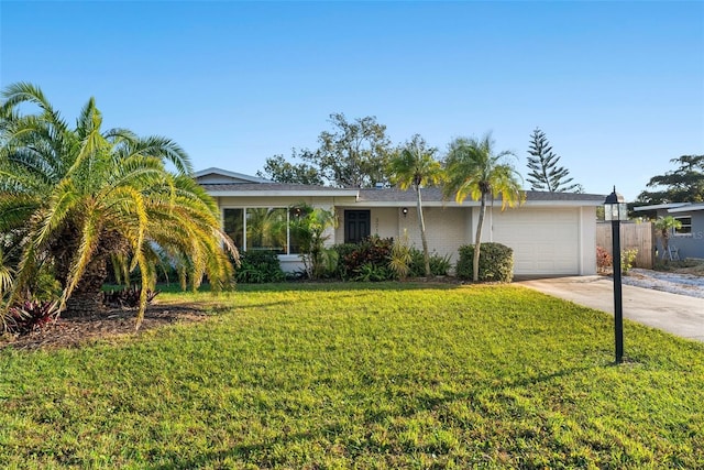 single story home with a garage and a front lawn