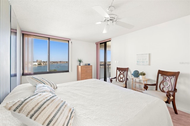 carpeted bedroom with multiple windows, access to exterior, a textured ceiling, and a water view