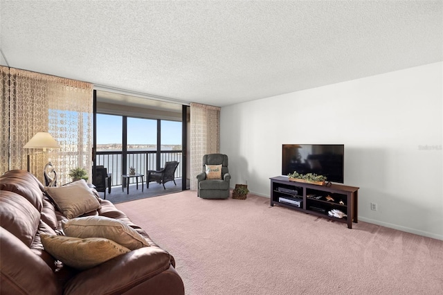 carpeted living room with a textured ceiling