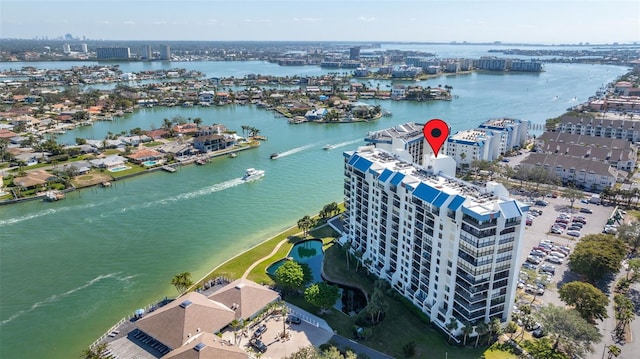 aerial view featuring a water view