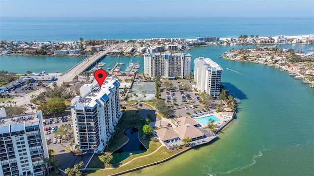 bird's eye view with a water view