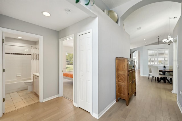 hall with lofted ceiling, plenty of natural light, and light wood-type flooring