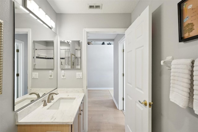 bathroom with vanity and hardwood / wood-style floors