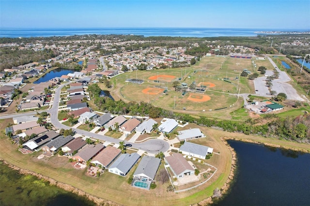 aerial view featuring a water view