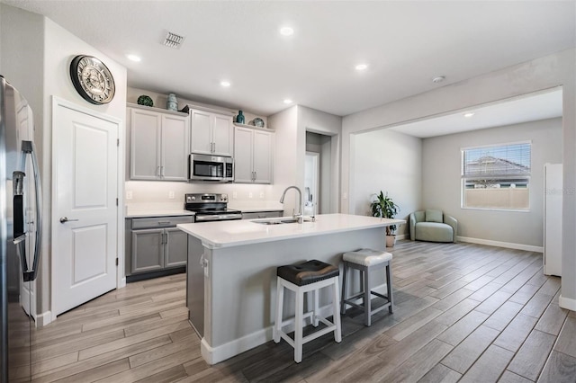 kitchen featuring stainless steel appliances, a kitchen breakfast bar, a kitchen island with sink, and sink