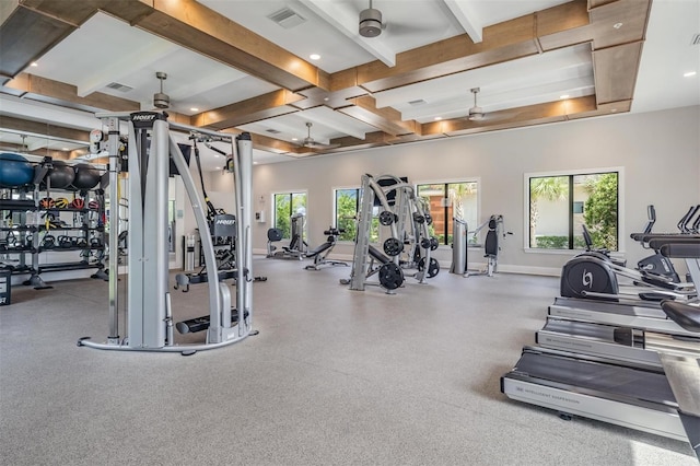 workout area with ceiling fan and a wealth of natural light