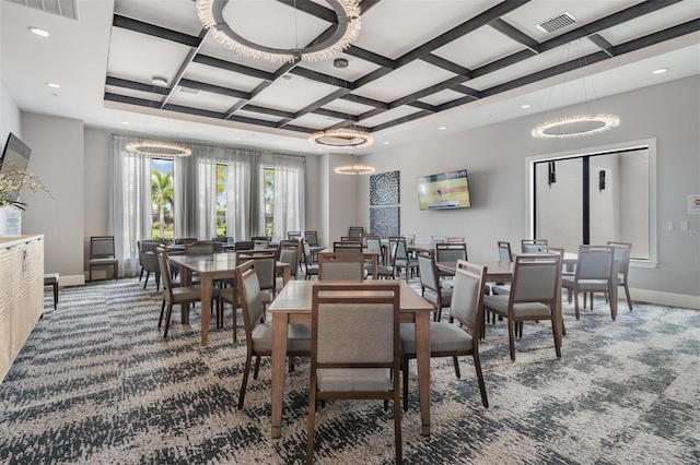 dining space with beamed ceiling, coffered ceiling, and dark carpet