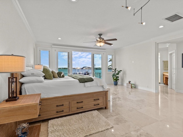 bedroom with ornamental molding, a water view, and access to outside