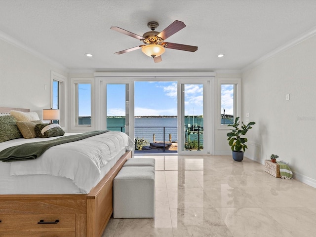 bedroom with a water view, ceiling fan, crown molding, and access to outside