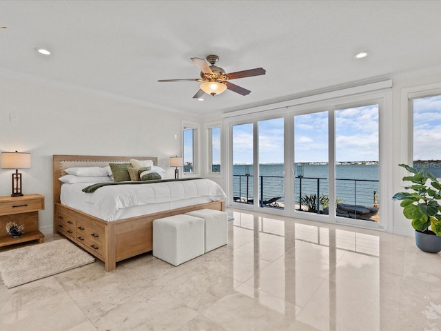 bedroom featuring a water view, ceiling fan, access to exterior, and crown molding