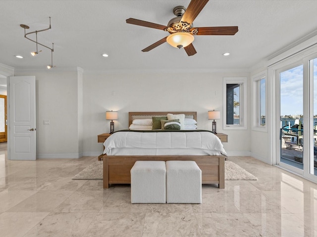 bedroom with crown molding, ceiling fan, and access to exterior