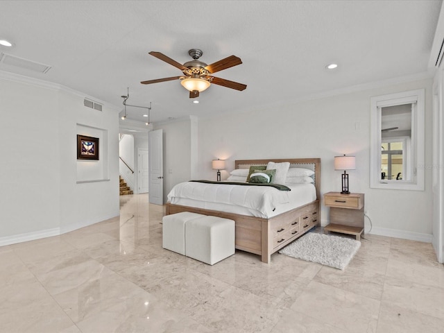 bedroom featuring ornamental molding and ceiling fan