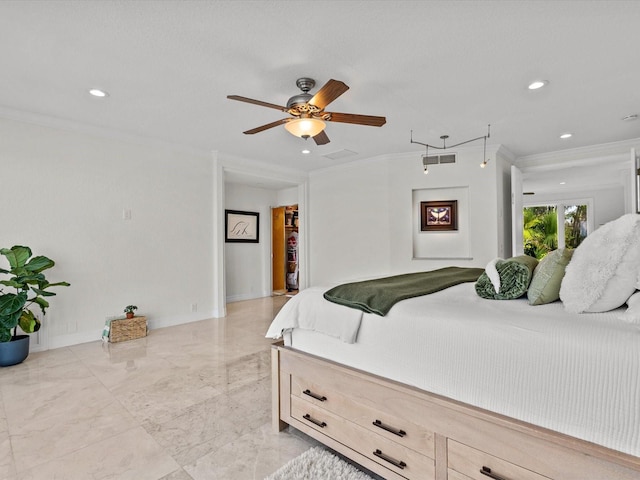 bedroom with crown molding and ceiling fan