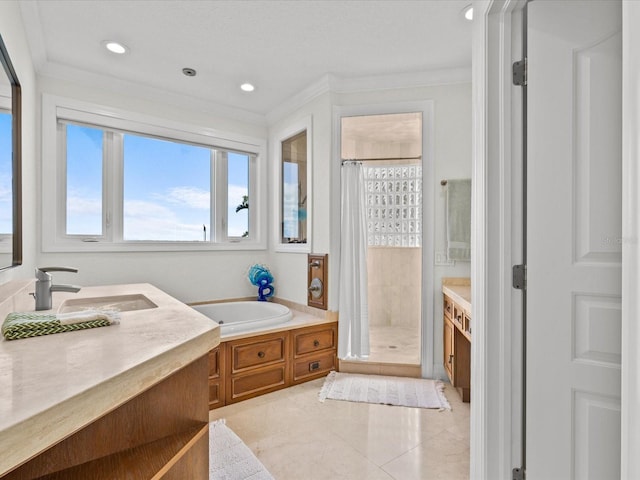 bathroom with vanity, tile patterned flooring, ornamental molding, and independent shower and bath