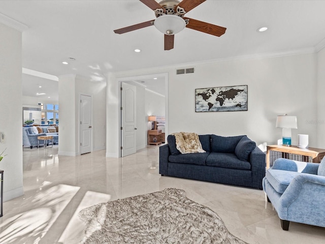 living room with crown molding