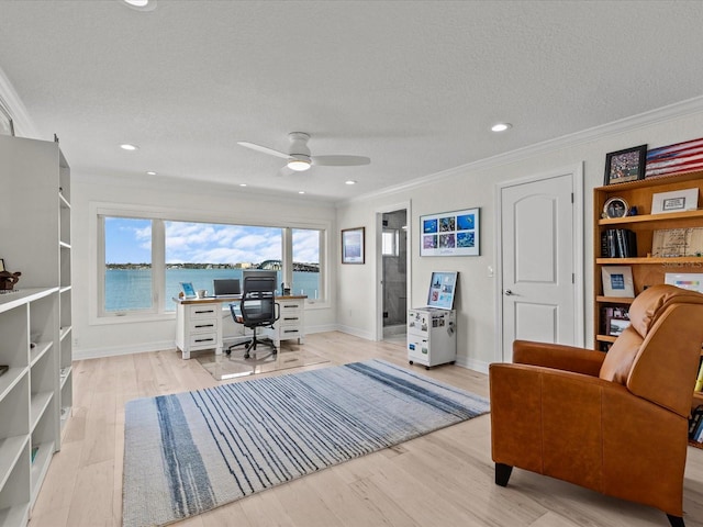 office with ceiling fan, ornamental molding, light hardwood / wood-style flooring, and a textured ceiling