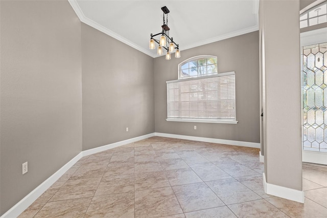 tiled empty room featuring crown molding and a notable chandelier