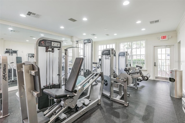 exercise room with ornamental molding