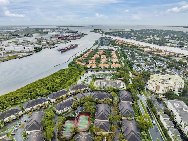 bird's eye view with a water view