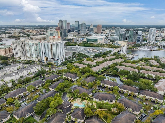 birds eye view of property featuring a water view