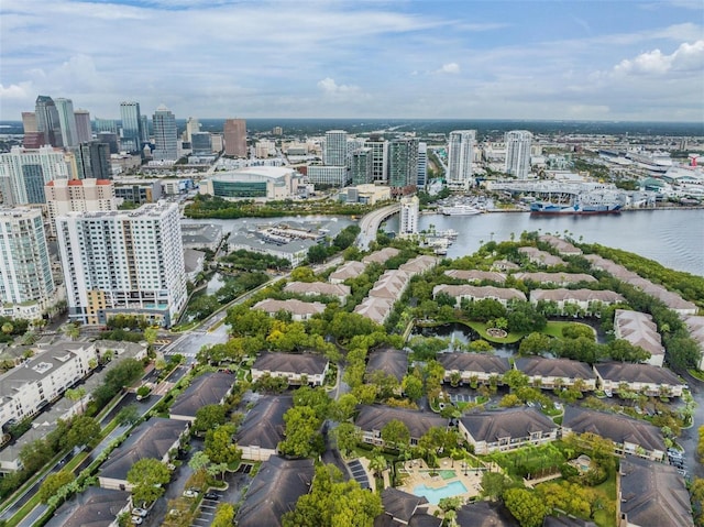 drone / aerial view with a water view