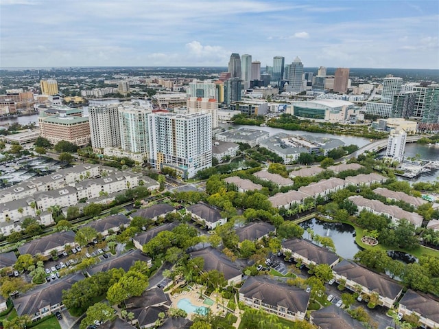 drone / aerial view with a water view