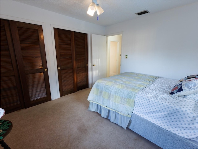 bedroom featuring multiple closets and carpet floors