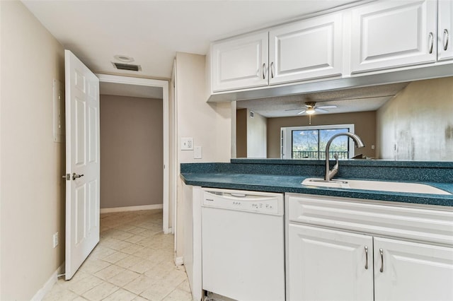 kitchen with sink, white cabinets, dishwasher, and ceiling fan