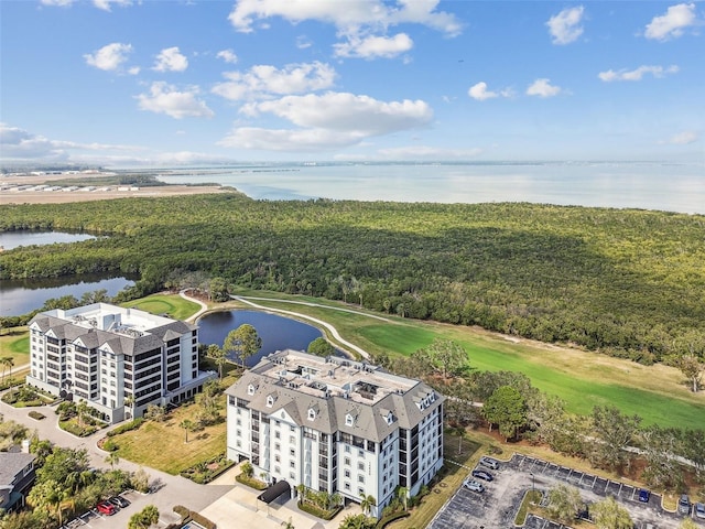 bird's eye view with a water view