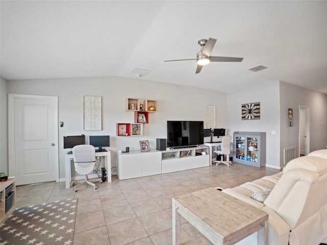 living room featuring tile patterned flooring, lofted ceiling, and ceiling fan