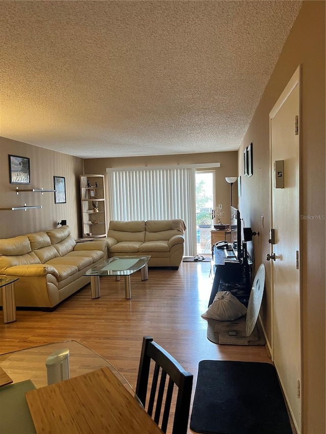 living room with hardwood / wood-style floors and a textured ceiling