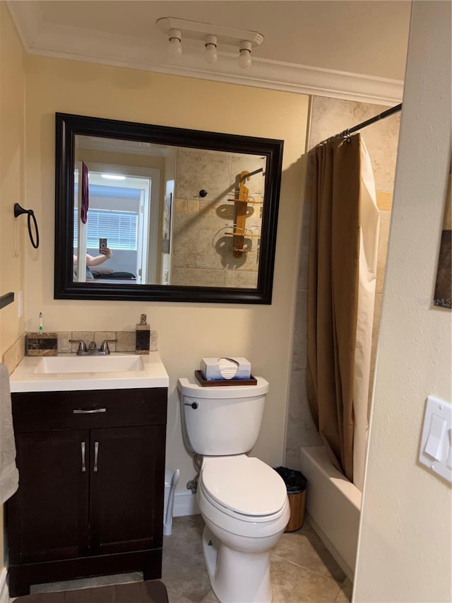 full bathroom with toilet, crown molding, vanity, shower / bath combo, and tile patterned flooring