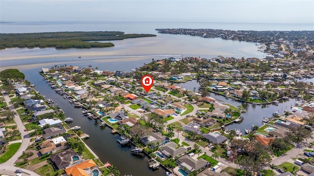 drone / aerial view featuring a water view