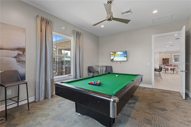 rec room featuring ceiling fan, light colored carpet, and billiards