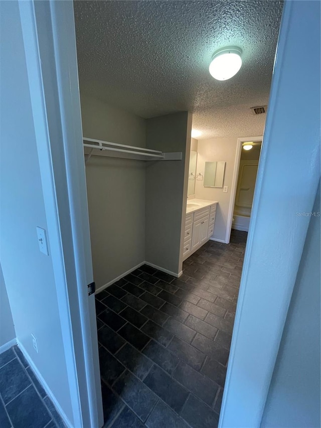 bathroom featuring a spacious closet, vanity, visible vents, and baseboards