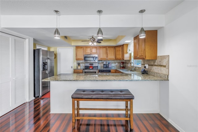 kitchen with kitchen peninsula, sink, hanging light fixtures, a tray ceiling, and stainless steel appliances