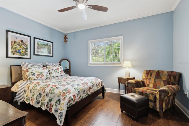 bedroom featuring crown molding, ceiling fan, and dark hardwood / wood-style floors