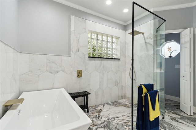 bathroom featuring sink, crown molding, and independent shower and bath