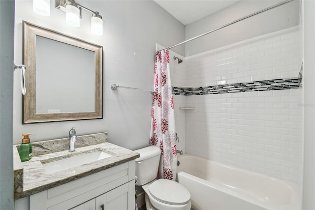 full bathroom with vanity, shower / bath combination with curtain, and toilet