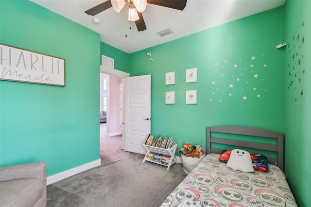 carpeted bedroom featuring ceiling fan