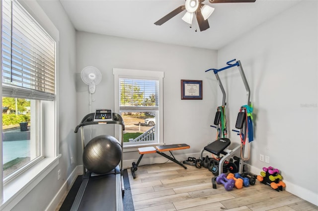 exercise area with light hardwood / wood-style floors and ceiling fan