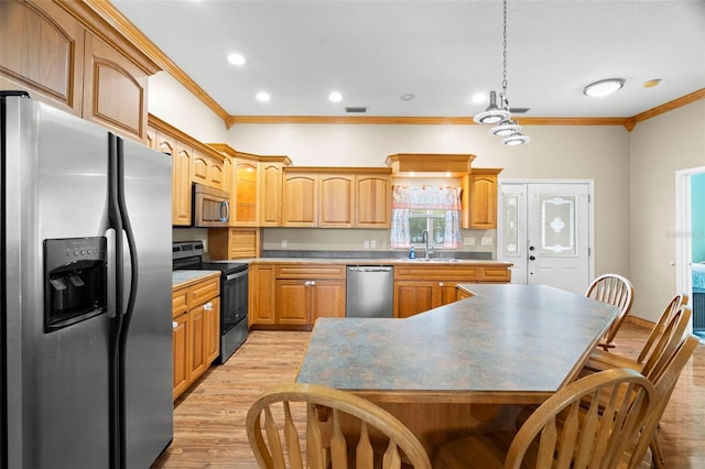 kitchen with sink, crown molding, light hardwood / wood-style flooring, hanging light fixtures, and stainless steel appliances