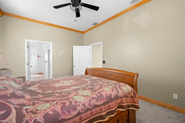 bedroom with ensuite bathroom, lofted ceiling, carpet floors, ceiling fan, and crown molding