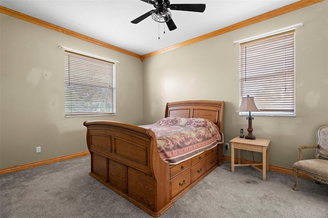 bedroom with crown molding, light carpet, and ceiling fan