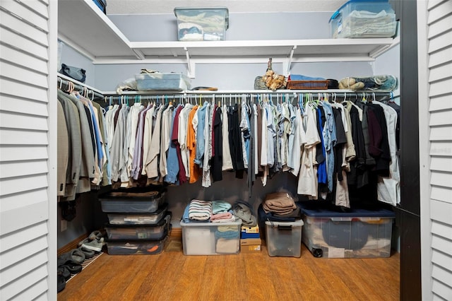 walk in closet with hardwood / wood-style flooring