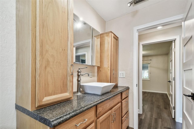 bathroom featuring vanity and hardwood / wood-style floors